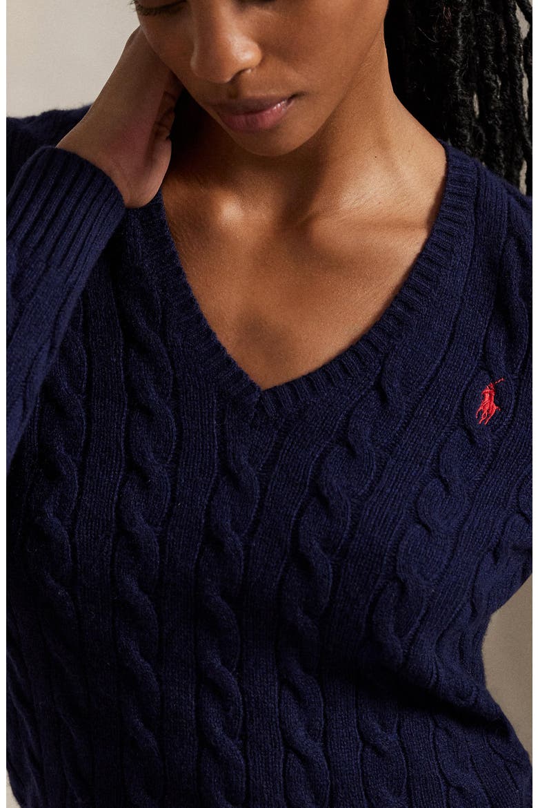 Kimberly Cable Wool & Cashmere V-Neck Sweater, Alternate, color, HUNTER NAVY