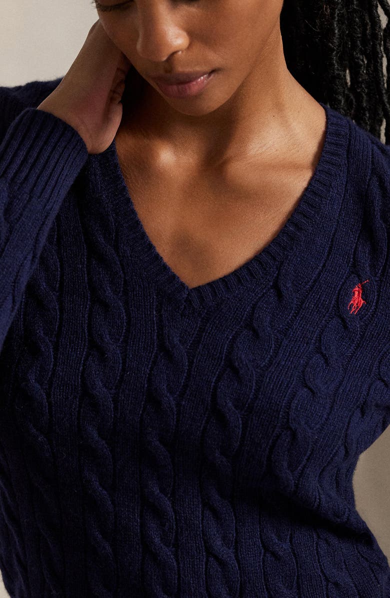 Polo Ralph Lauren Kimberly Cable Wool & Cashmere V-Neck Sweater, Alternate, color, Hunter Navy