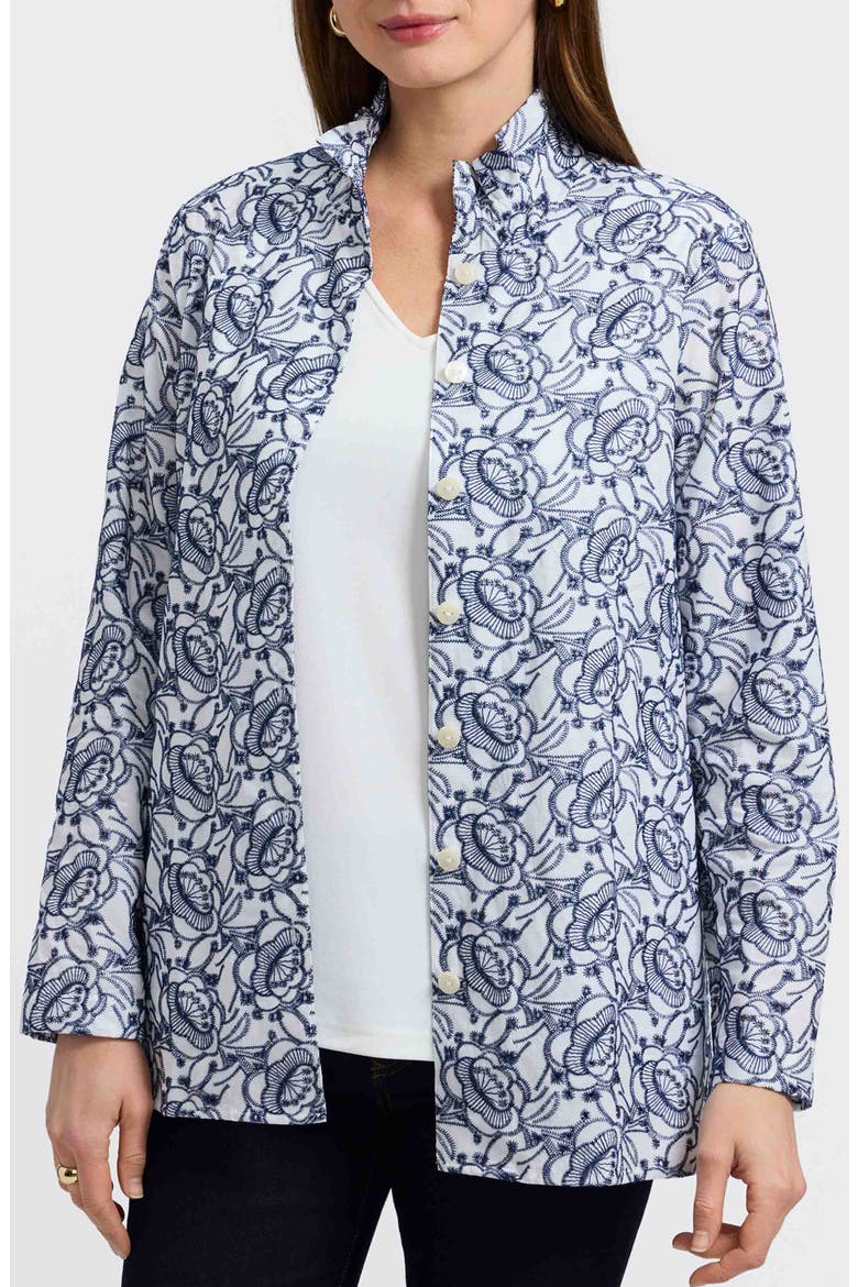 Carolina Floral Embroidered Cotton Button-Up Shirt, Main, color, WHITE/NAVY