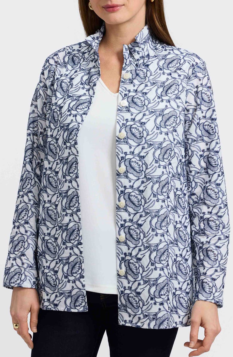 Foxcroft Carolina Floral Embroidered Cotton Button-Up Shirt, Main, color, White/Navy