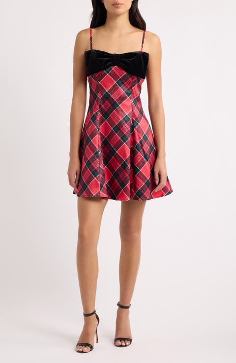 Plaid Skater Minidress with Bow Detail