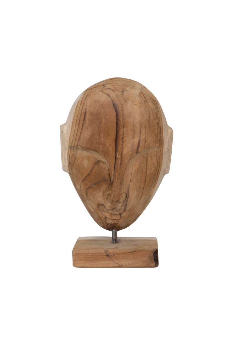 Hand Carved Teakwood Face Sculpture, Natural, Main, color, Natural