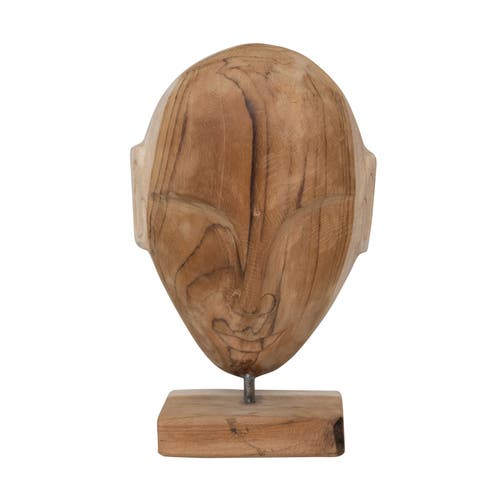 Storied Home Hand Carved Teakwood Face Sculpture, Natural In Brown