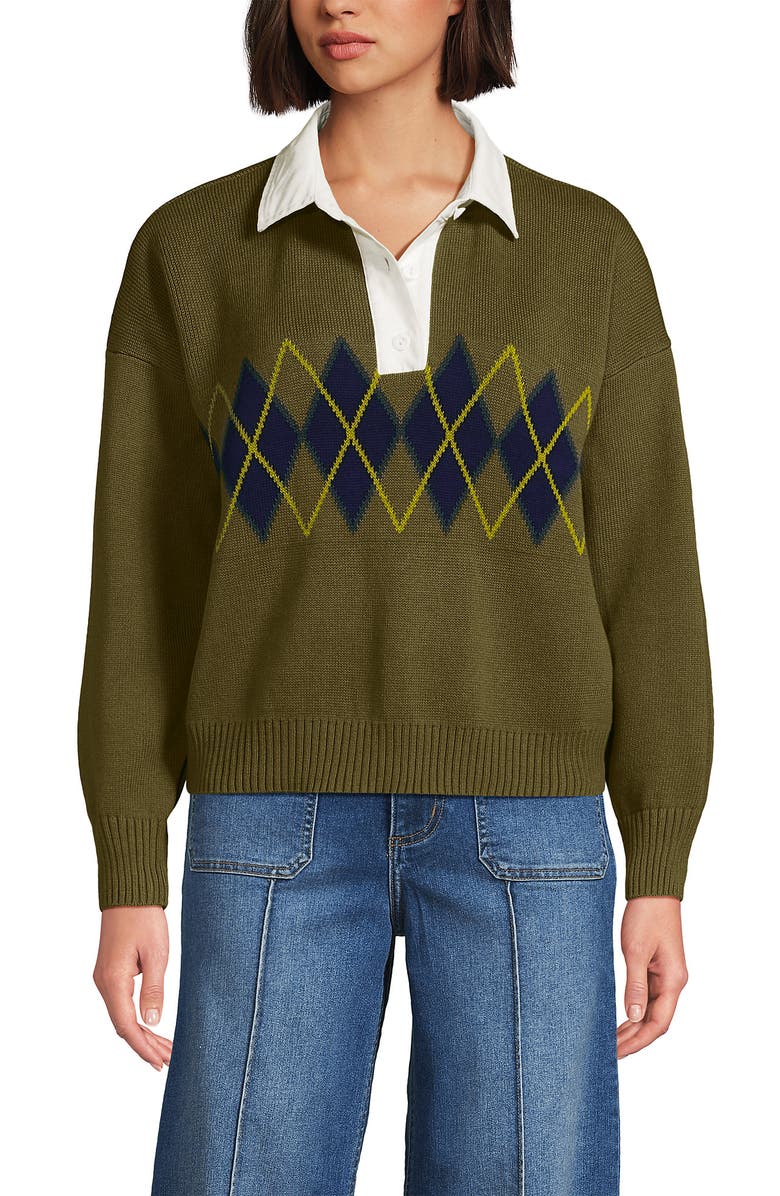 Lands' End Drifter Rugby with Woven Collar Sweater, Alternate, color, True Green/Soft Ice Blue Rugby