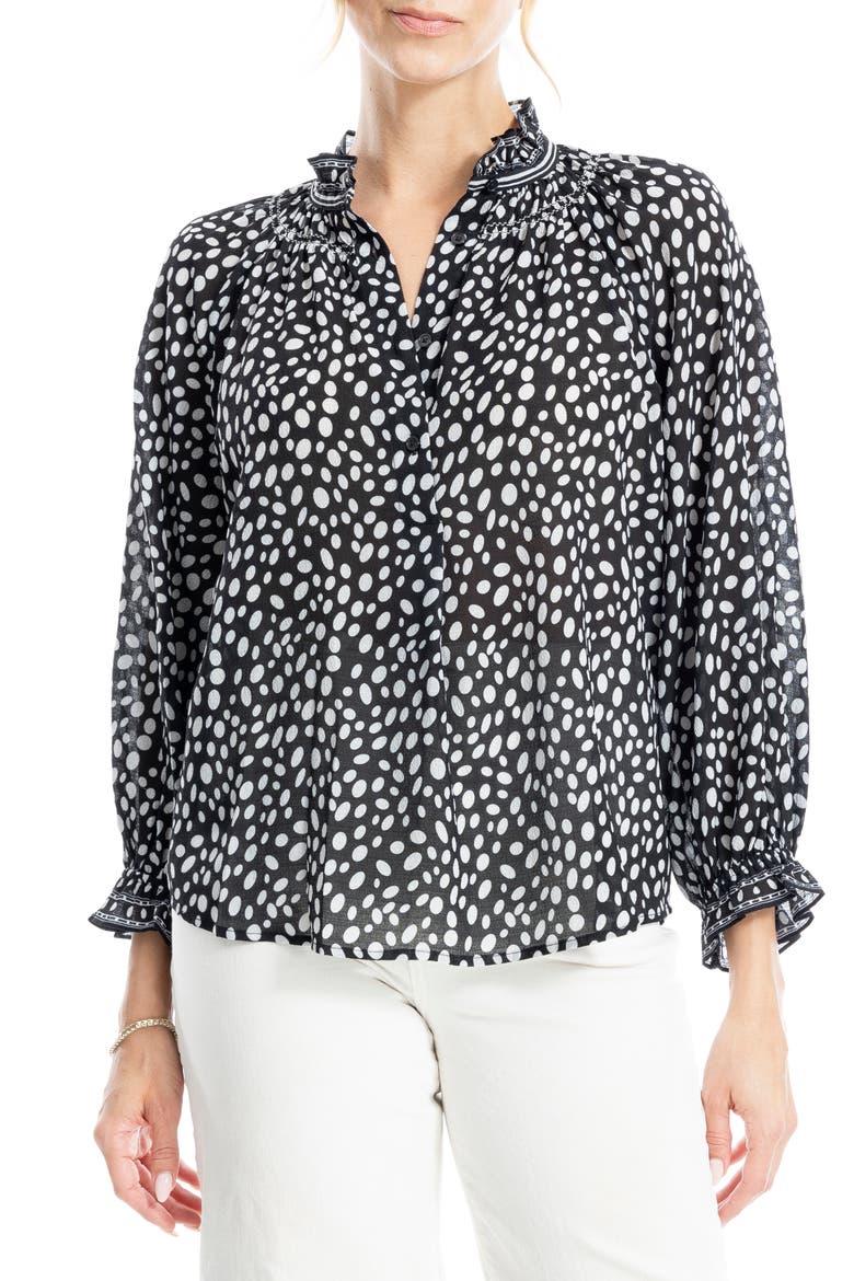 Ruffle Collar Puff Shoulder Top, Alternate, color, BLACK/ ECRU OVALS