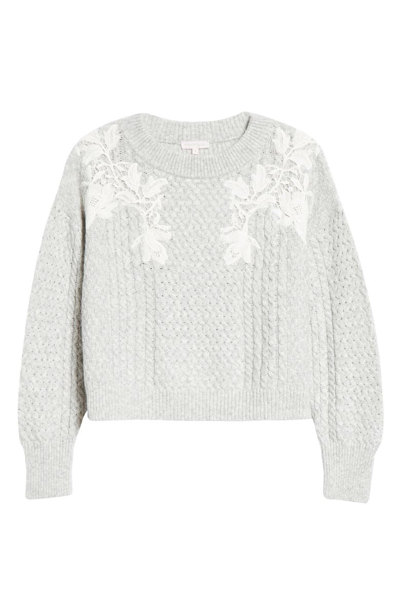 Rebecca Taylor Lace Appliqué Crewneck Sweater, Alternate, color,