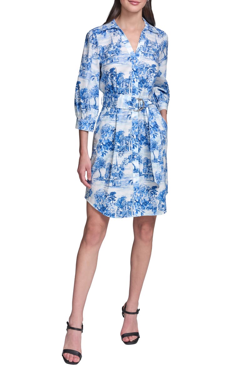 Toile Print Long Sleeve Shirtdress, Main, color, PORCELAIN BLUE COMBO