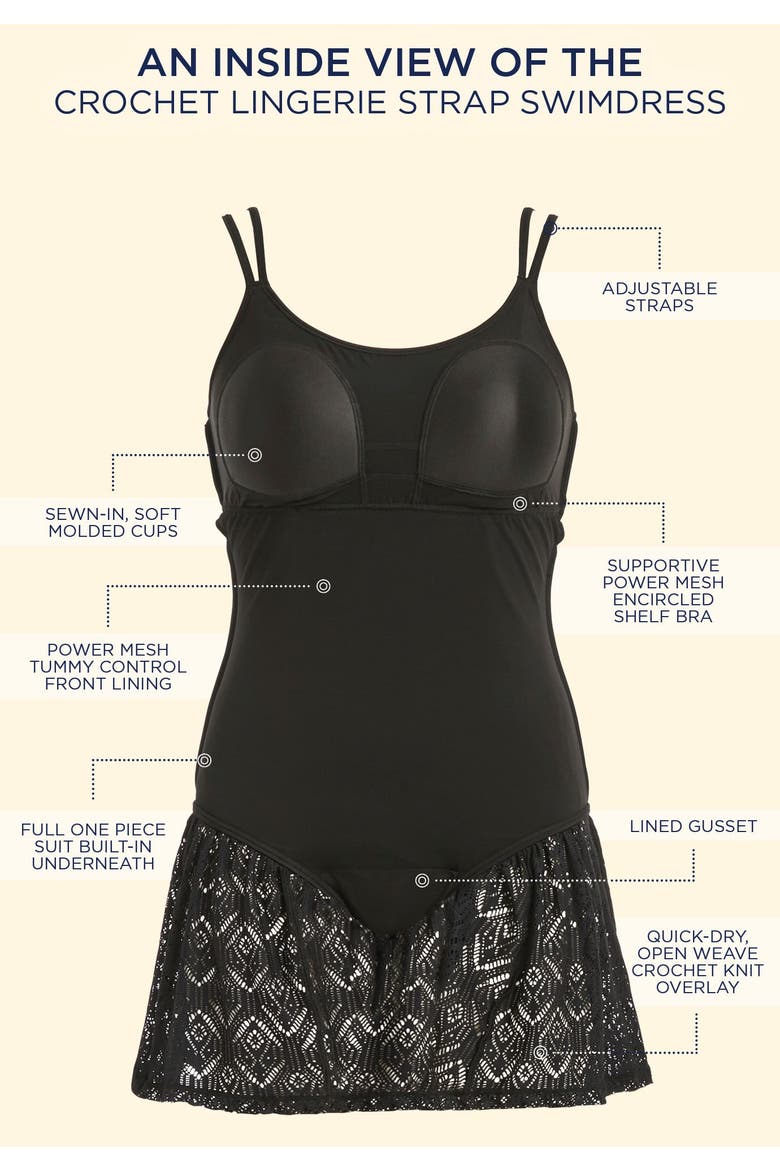 Crochet Lingerie Strap Swimdress, Alternate, color, Black