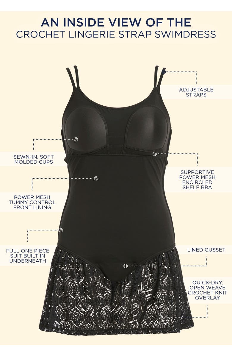Swimsuits for All Crochet Lingerie Strap Swimdress, Alternate, color, Black