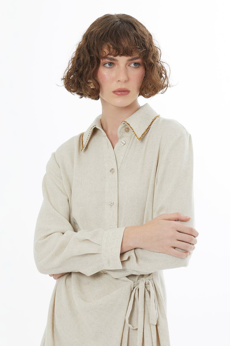 Beige Tie Detail Linen Midi Dress, Alternate, color, Beige