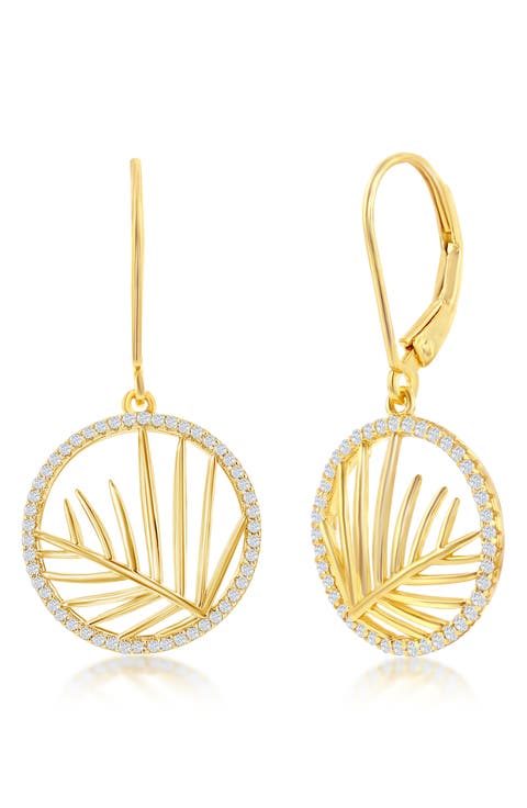 14K Gold Plated CZ Leaf Drop Earrings