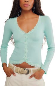 Free People Big Love Lace Trim Knit Button-Up Top