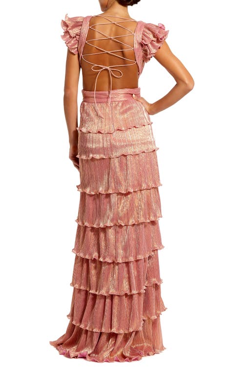 Mac Duggal Ruffle Tiered Criss Cross Lace Up Gown In Coral