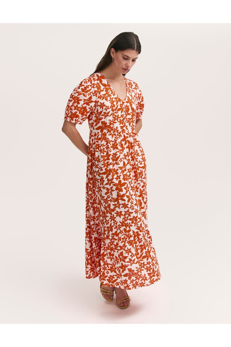 Sabine Floral Tiered Midi Dress, Alternate, color, Orange Flowers