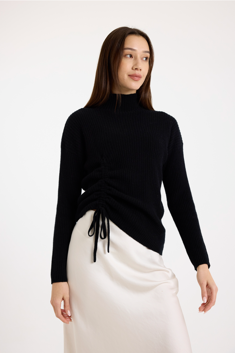 Rouched High Neck Long Sleeve Jumper, Main, color, BLACK