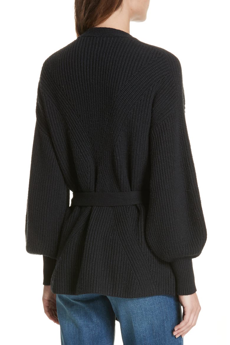 Puff Sleeve Belted Cardigan, Alternate, color, NOIR