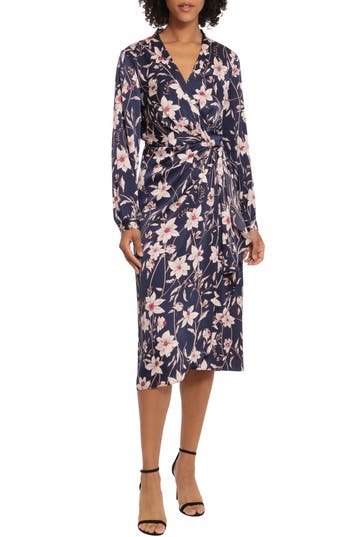Maggy London Floral Print Long Sleeve Midi Dress In Navy/cream