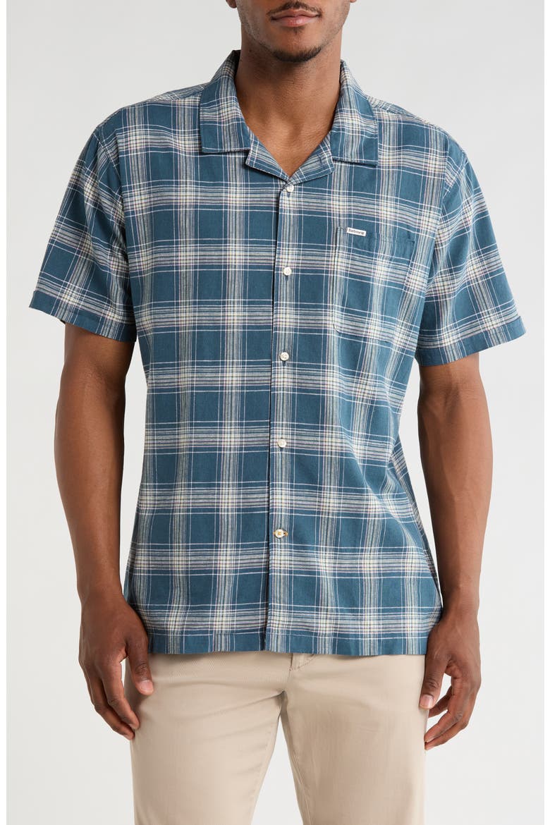 Fairlands Regular Fit Plaid Short Sleeve Linen & Cotton Button-Up Shirt, Main, color, DUSK BLUE