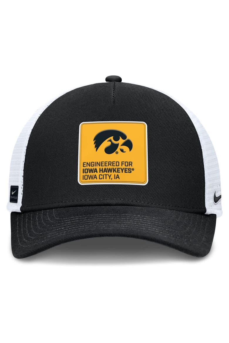 Men's Nike  Black/White Iowa Hawkeyes 2025 On-Field Rise Engineered Trucker Adjustable Hat, Alternate, color, Black