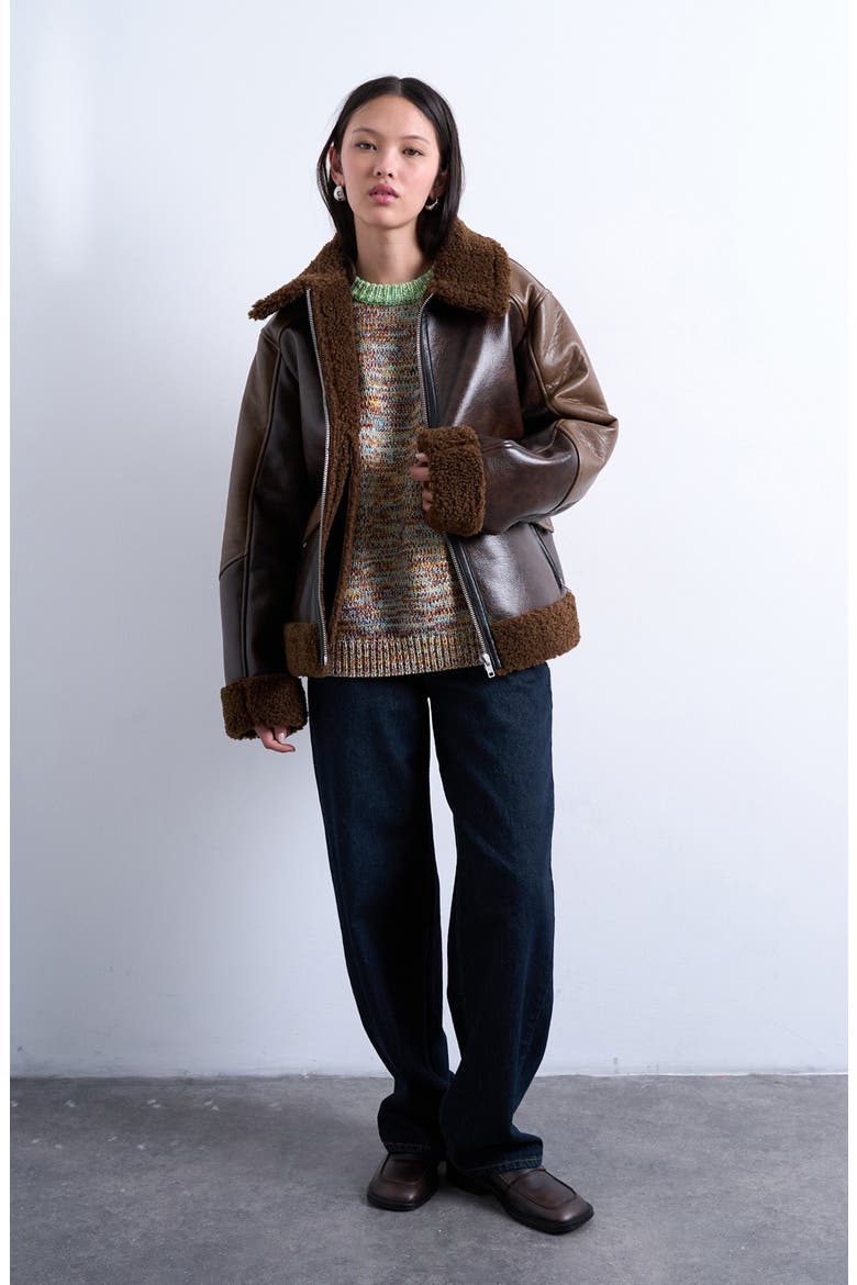 Faux Shearling & Faux Leather Patchwork Jacket, Main, color, BROWN