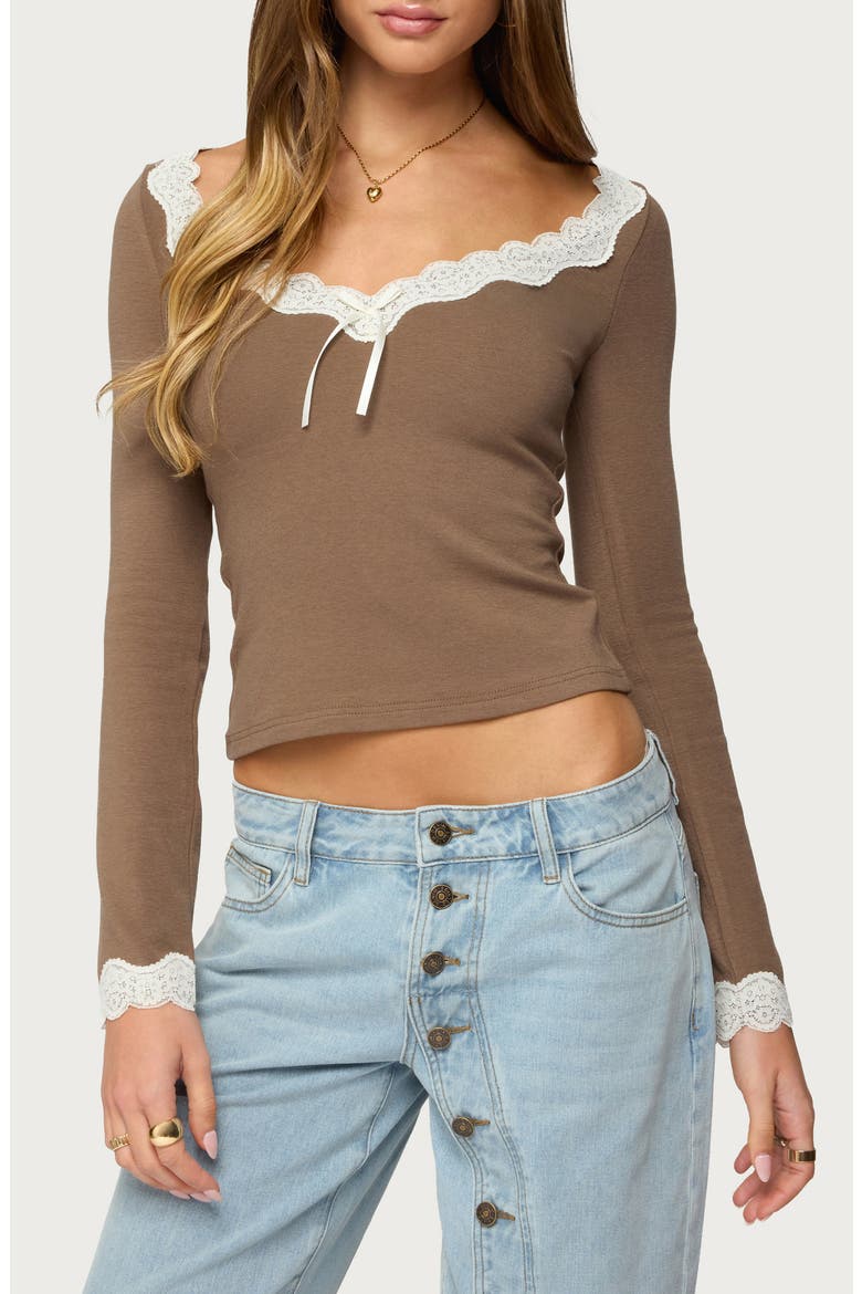 Contrast Lace Trim Long Sleeve Top, Main, color, BROWN