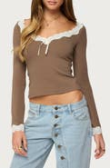 EDIKTED Contrast Lace Trim Long Sleeve Top
