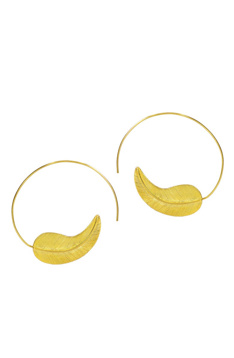 Ottoman Hands Gold Feather Pull Through Hoop Earrings, Main, color,