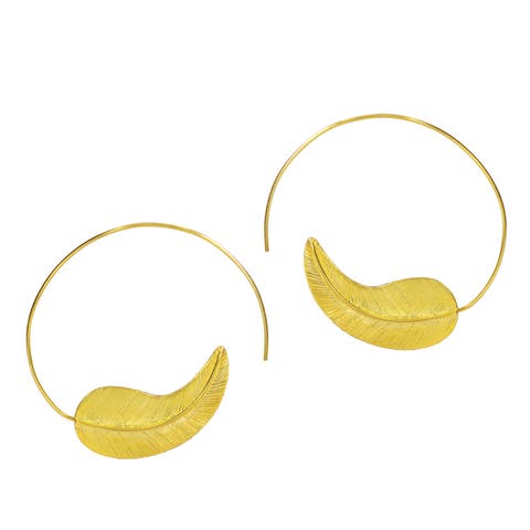 Gold Feather Pull Through Hoop Earrings