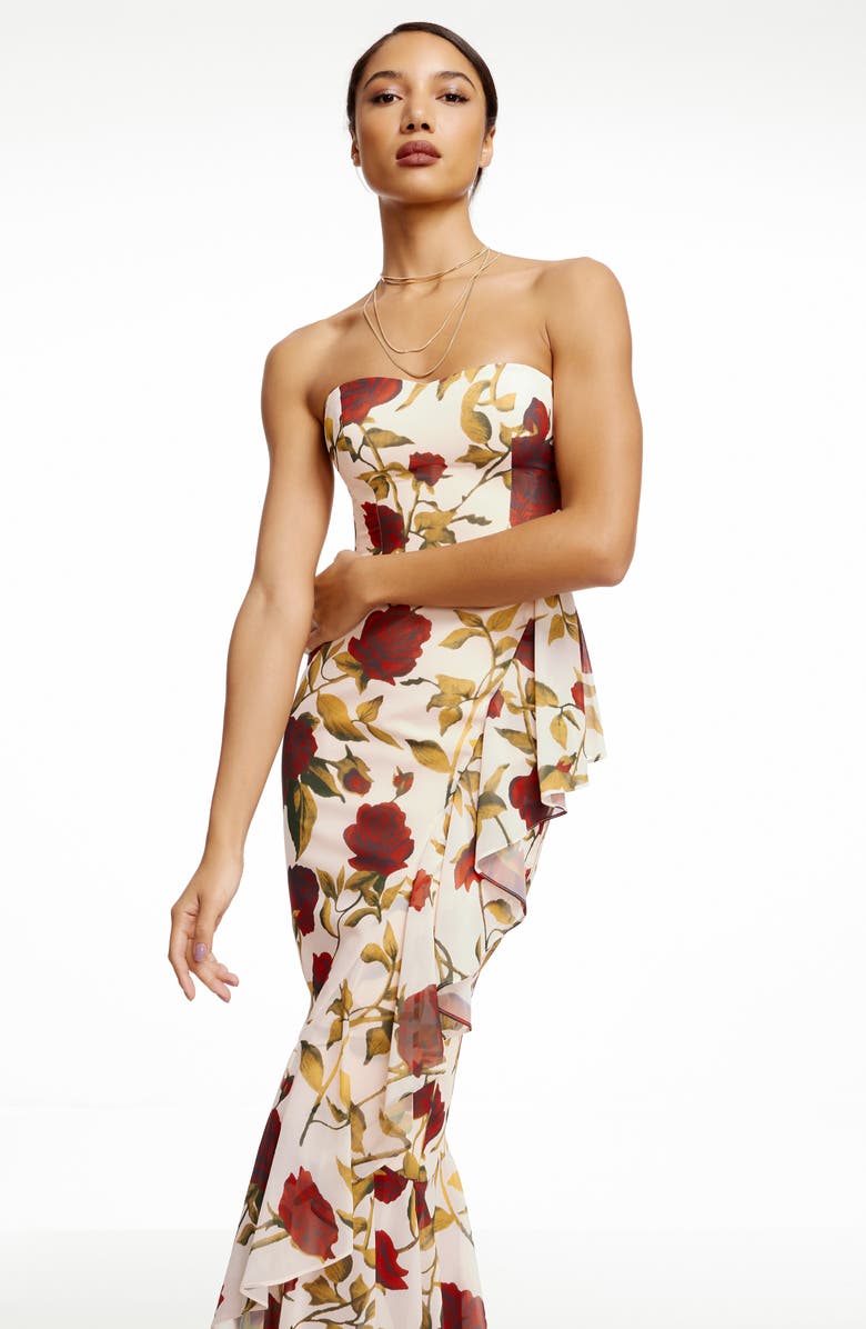 Dress the Population Paris Floral Ruffle Strapless Gown, Alternate, color, Cream Multi