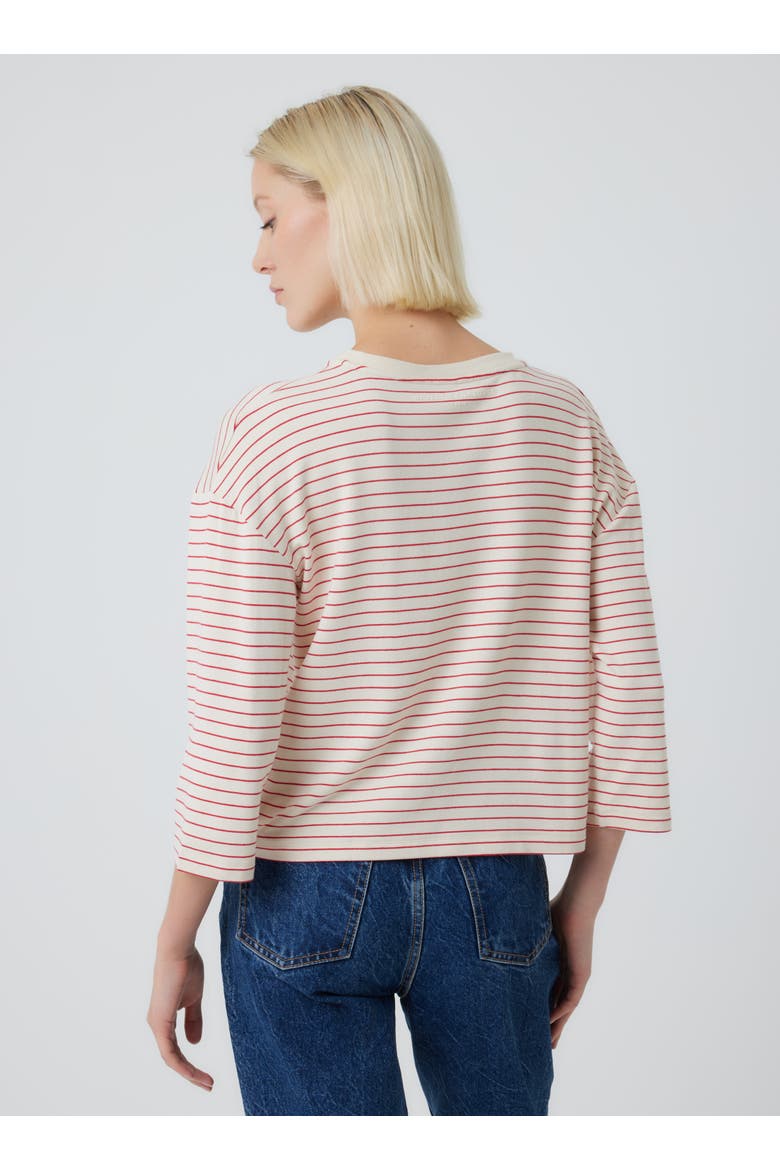 French Terry Novelty Stripe Three-Quarter Sleeve Crewneck, Alternate, color, VERMILLON