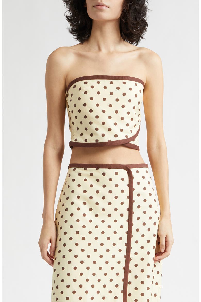 Bowie Strapless Linen Blend Crop Top, Main, color, VANILLA/ CHOC