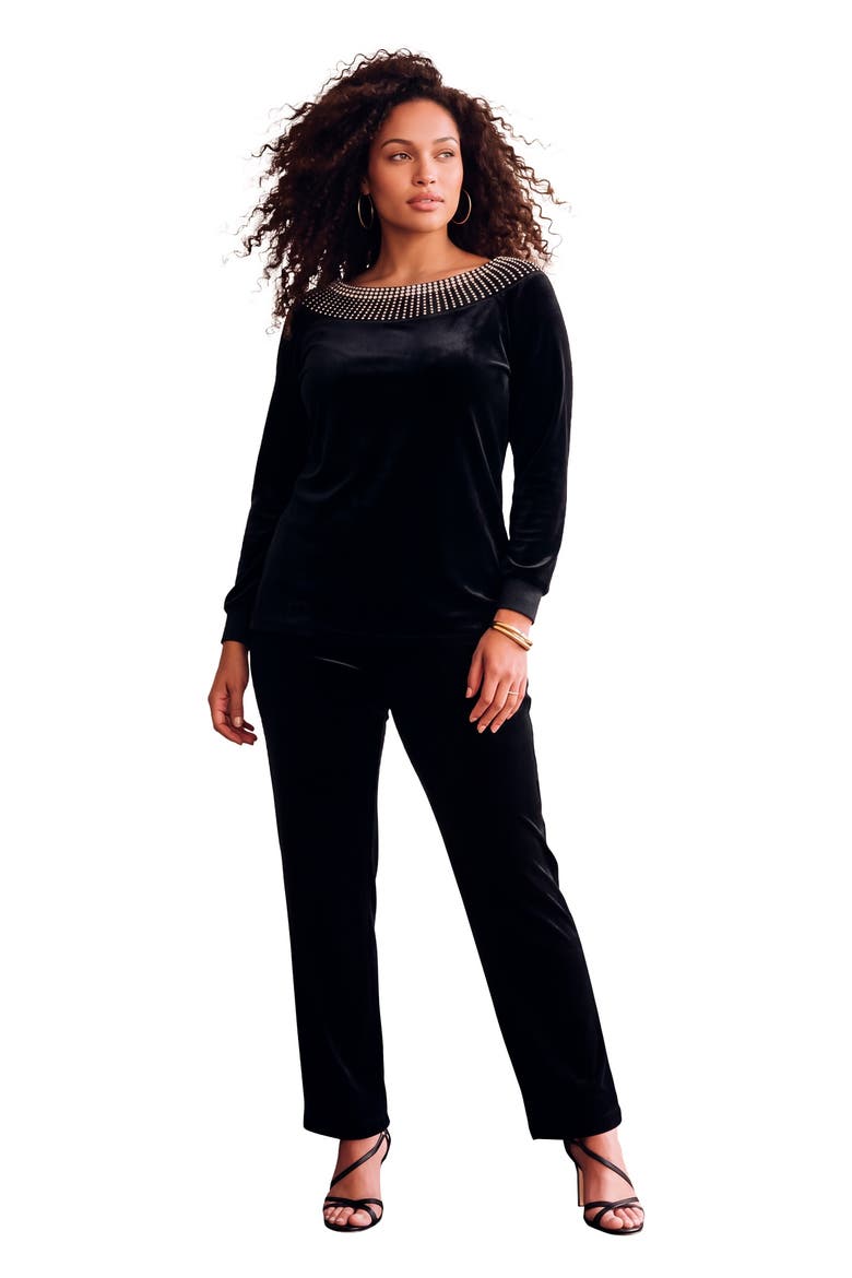 Rhinestone Detailed Velour Set, Main, color, BLACK