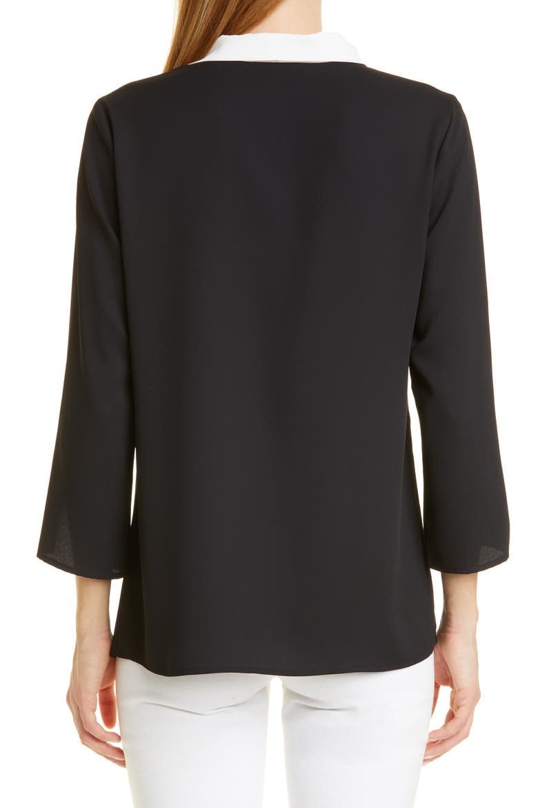 Contrast Tie V-Neck Crepe de Chine Blouse, Alternate, color, BLACK/ WHITE