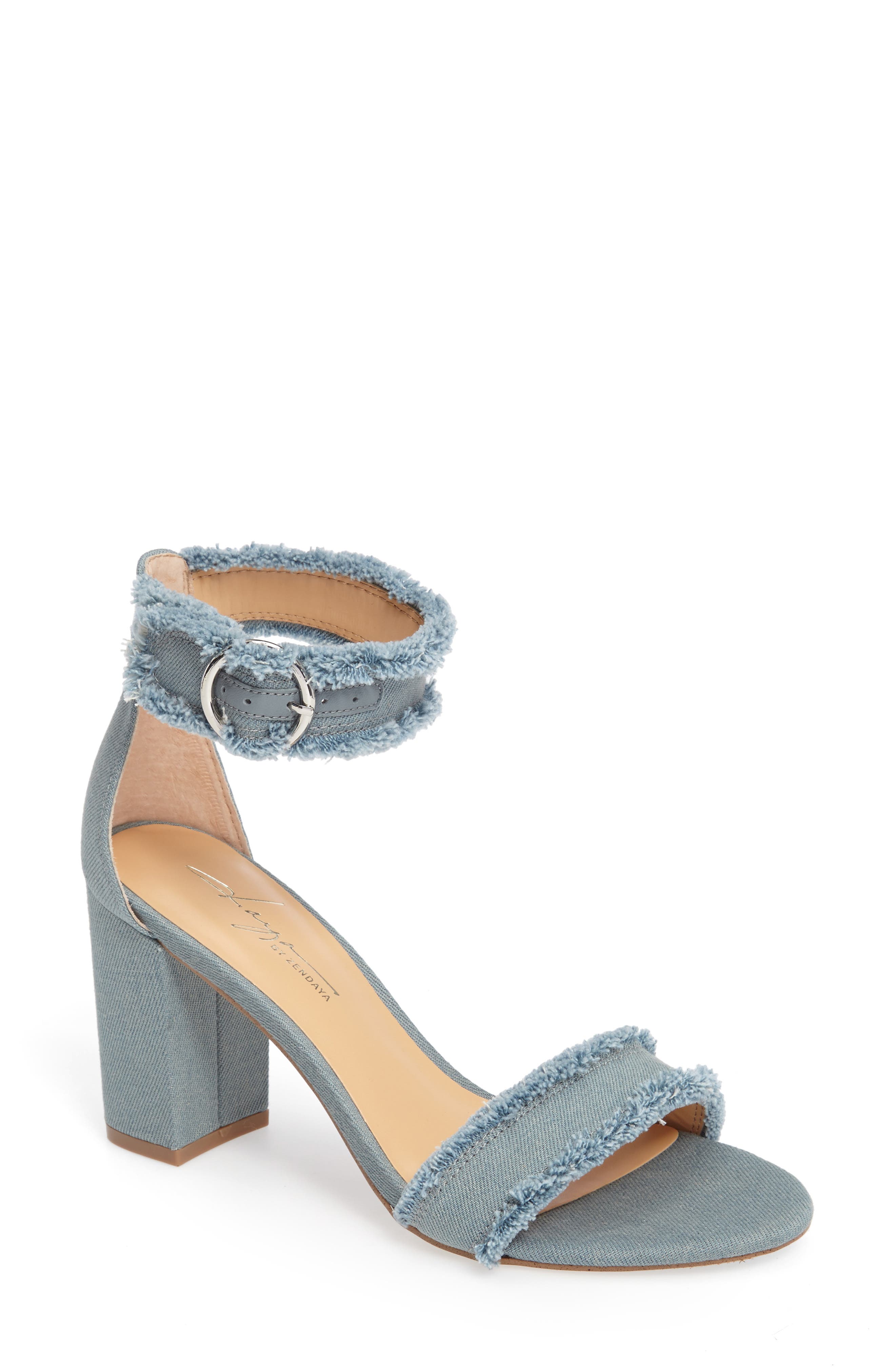 by Zendaya Shasta Fringe Denim Ankle Strap Sandal, Main, color, LIGHT BLUE