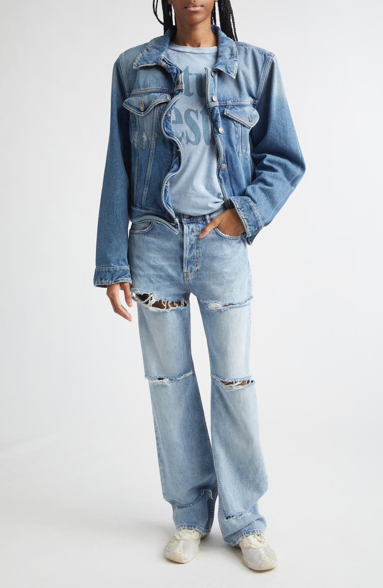 Acne Studios Wavy Distressed Denim Jacket, Alternate, color, Mid Blue