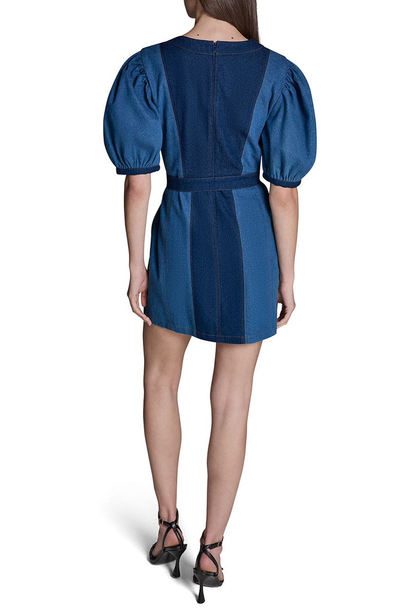 BCBG Tie Waist Puff Sleeve Denim Minidress, Alternate, color, Indigo