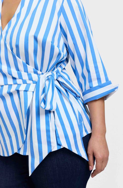 Foxcroft Salina Stripe Cotton Clend Wrap Shirt In Cobalt Blue White