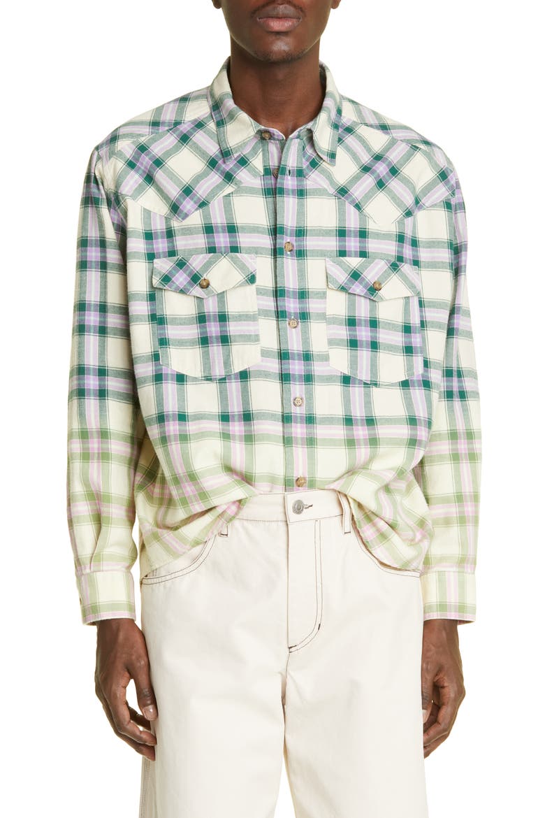 Manem Ombré Plaid Cotton Button-Up Shirt, Main, color, GREEN/ LILAC GRLC