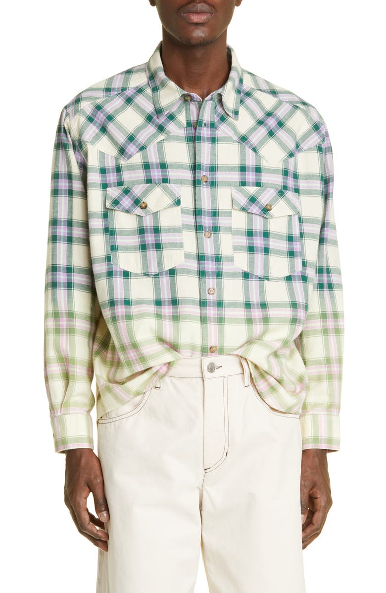 Isabel Marant Manem Ombré Plaid Cotton Button-Up Shirt, Main, color,