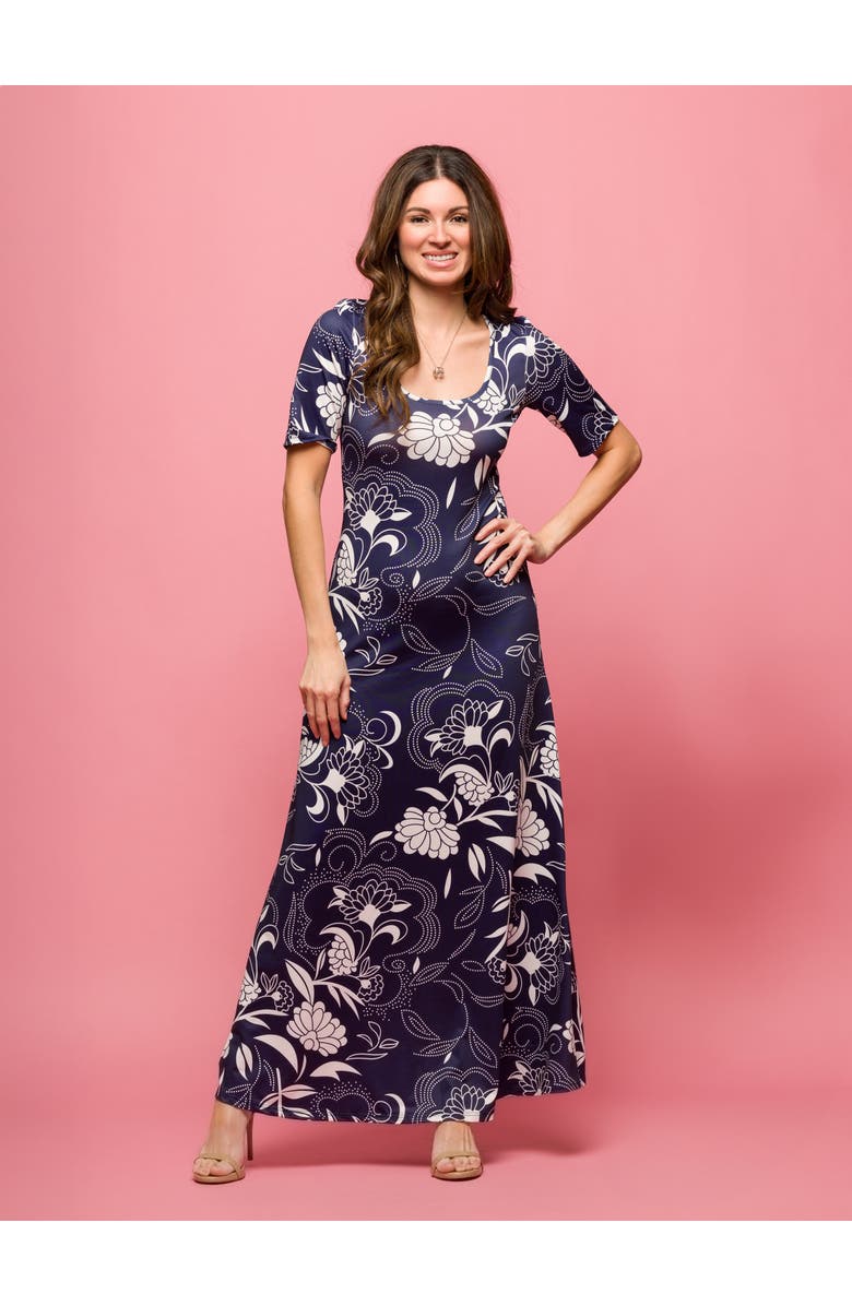 24seven Comfort Apparel Blue Floral Print Elbow Sleeve Casual A-Line Maxi Dress, Alternate, color, Navy Multi
