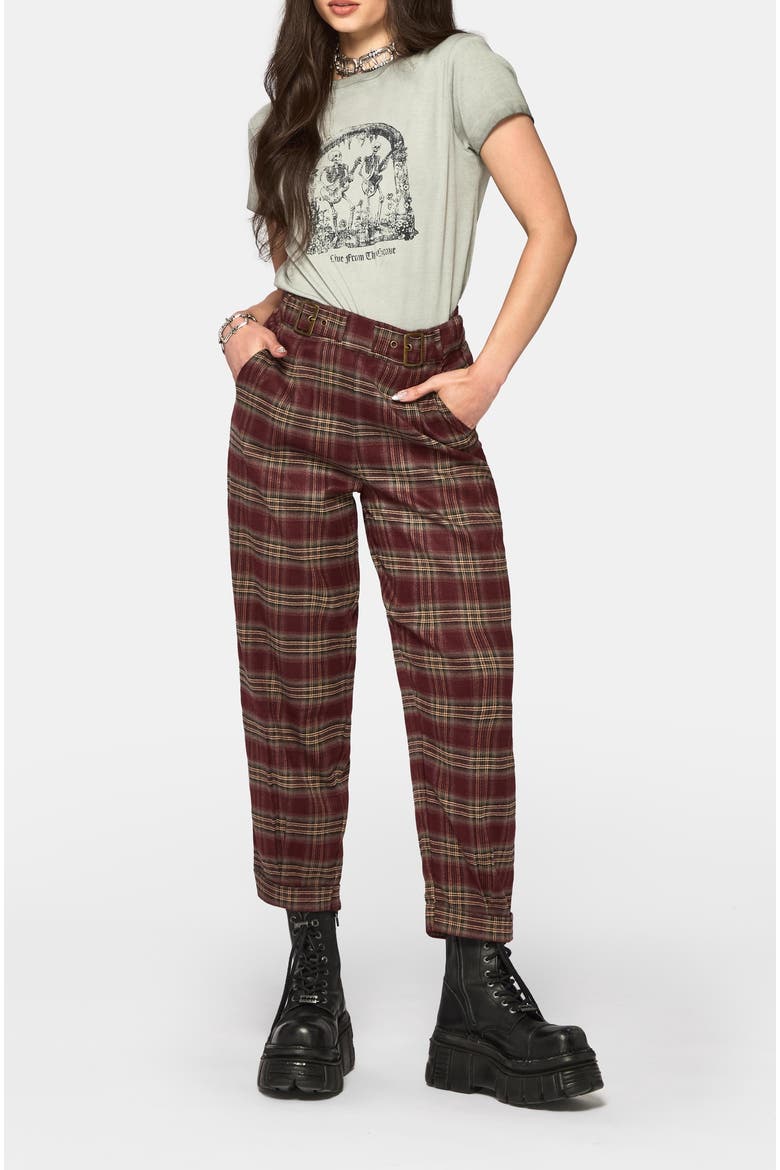 Cecily Buckle Check Balloon Trousers, Main, color, Burgundy