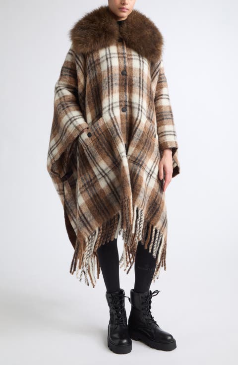Plaid Genuine Shearling Collar Mohair, Alpaca and Wool Blend Cape