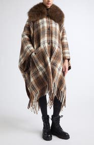 Moncler Grenoble Plaid Genuine Shearling Collar Mohair, Alpaca and Wool Blend Cape