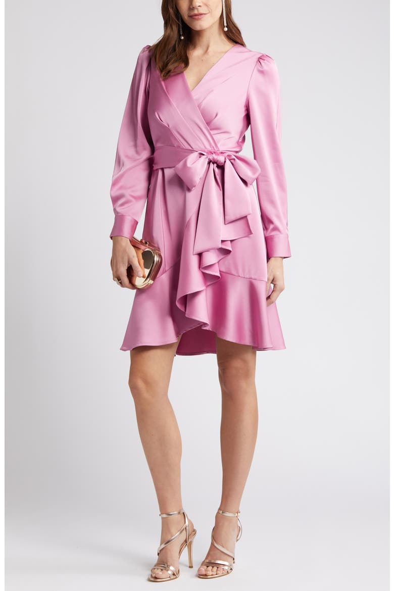 Wrap Front Long Sleeve Satin Charmeuse Dress, Main, color, PINK MACAROON