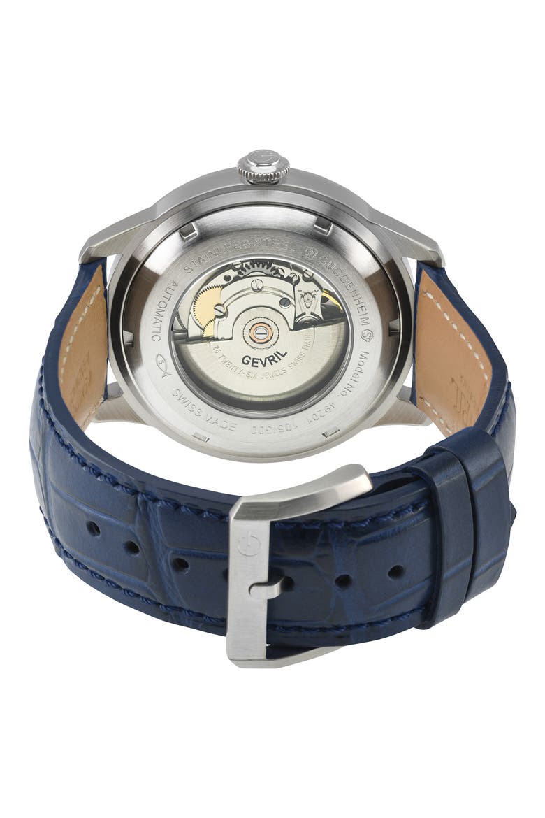 Guggenheim Swiss Automatic Croc Embossed Leather Strap Watch, 44mm, Alternate, color, BLUE