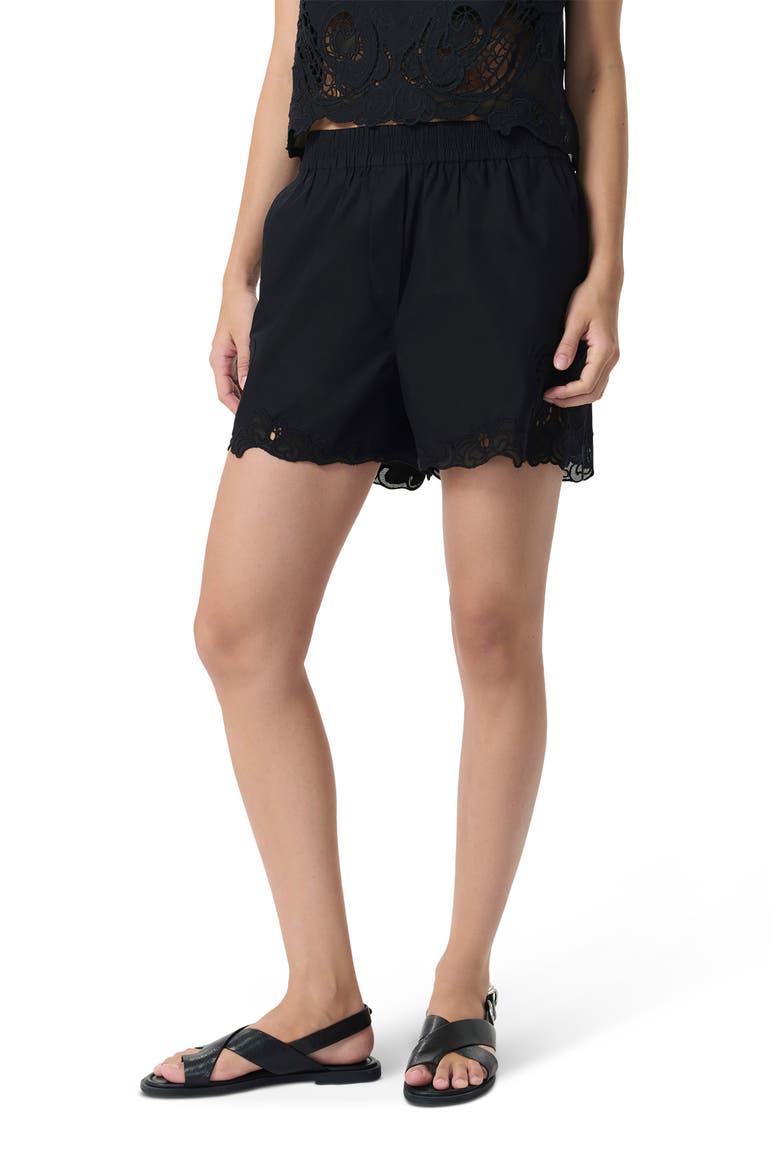 Emma High Waist Lace Trim Cotton Shorts, Main, color, BLACK