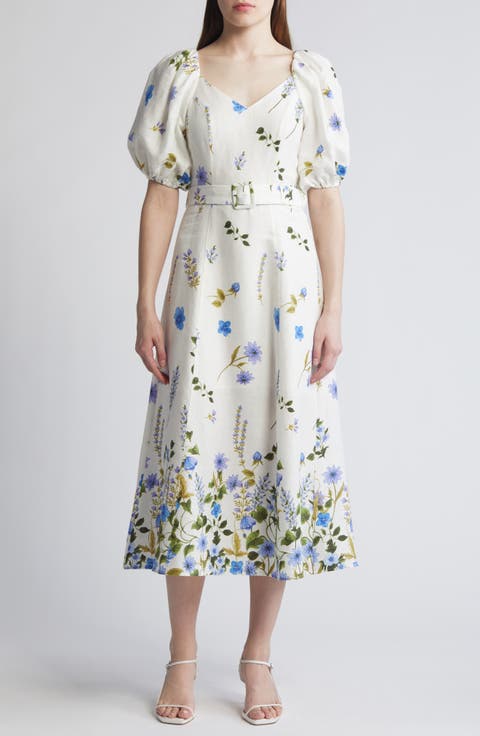 Floral Belted Puff Sleeve Linen Midi Dress