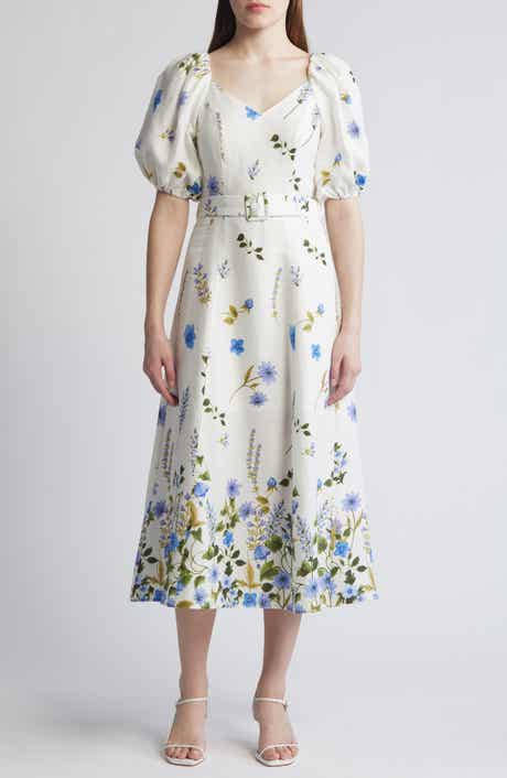 & Other Stories Floral Belted Puff Sleeve Linen Midi Dress