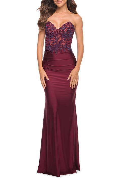 Stunning Strapless Jeweled Lace and Jersey Dress