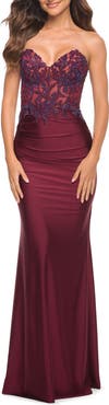 La Femme Stunning Strapless Jeweled Lace and Jersey Dress